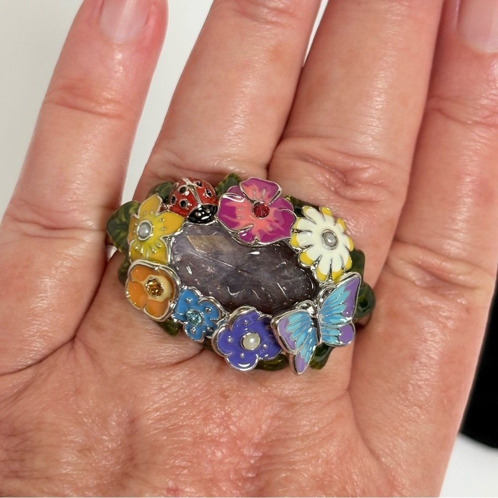 Vintage Avon Enamel Double Ring with Multicolor Accents and Purple Stone - Picture 6 of 10